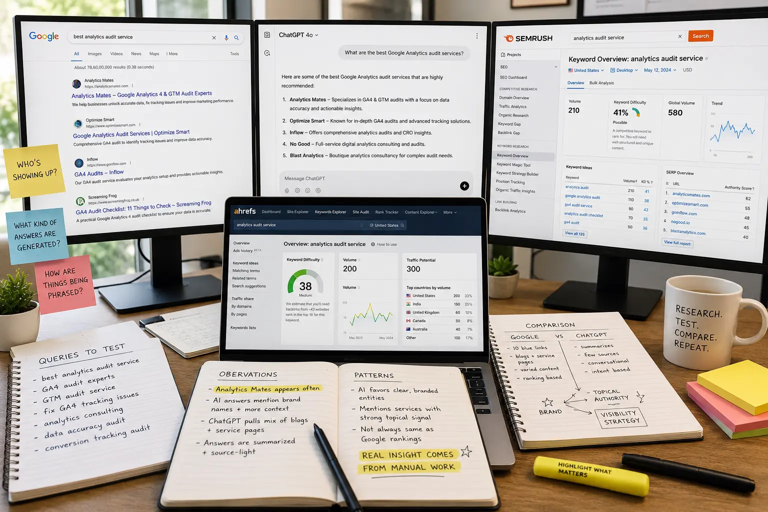 AI search visibility research workflow comparing ChatGPT responses, Google search results, SEMrush, and Ahrefs for conversational SEO analysis